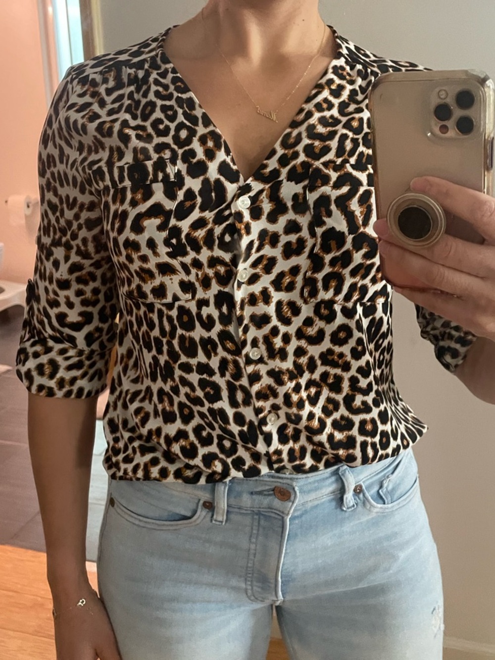 Express Leopard Print V-Neck Button Front Top - Beige/Black/Brown